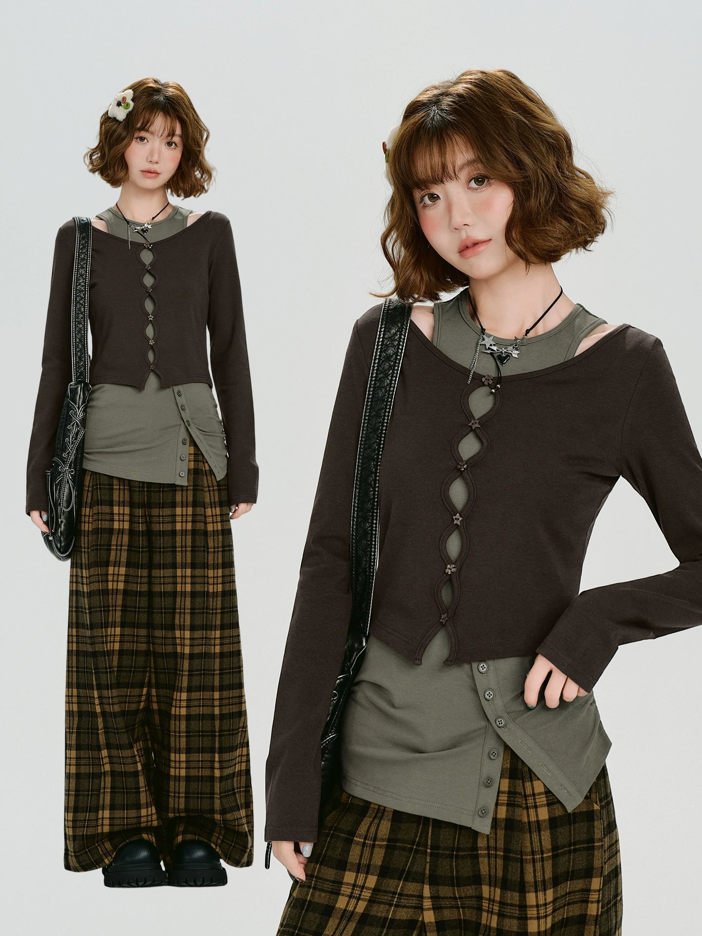Girlyhalo Vintage Fake Two Piece Slim Skinny Long Sleeve