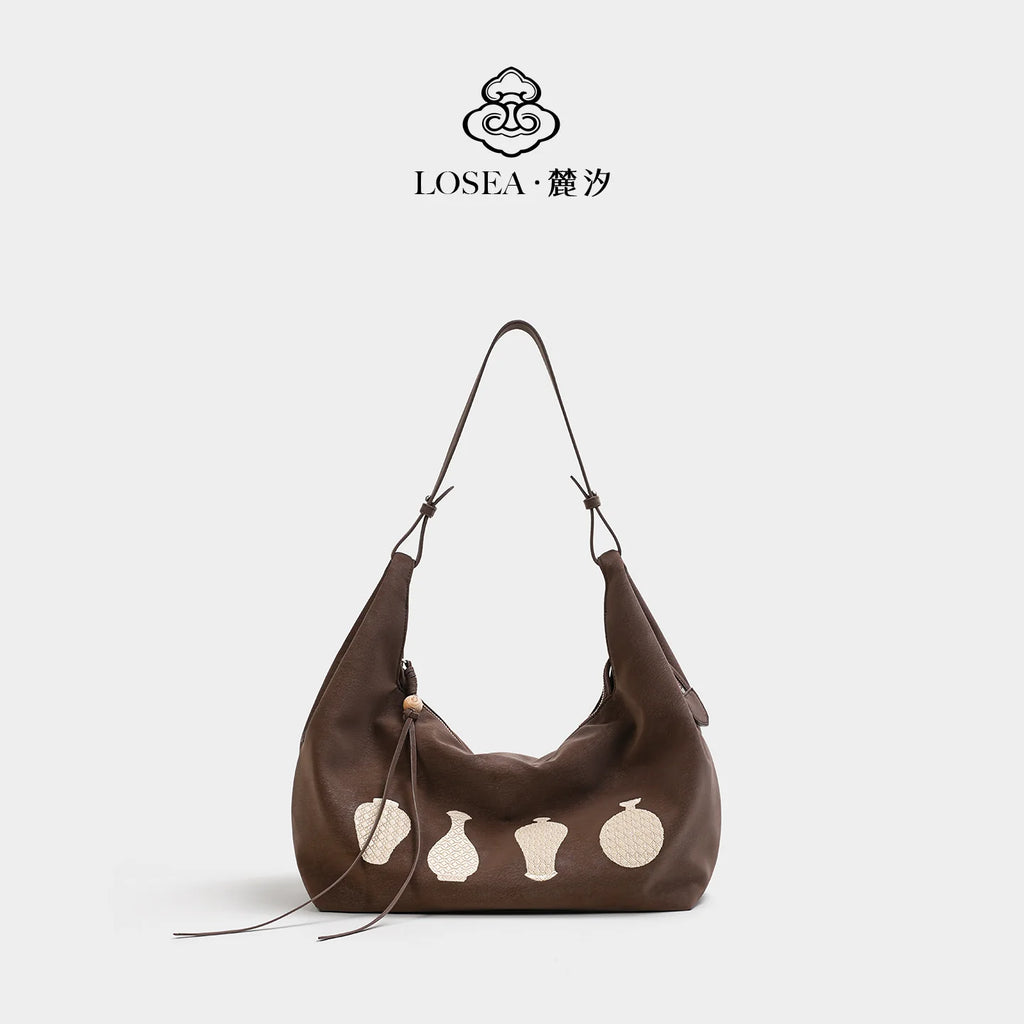 LOSEA Soft Grey Faux Leather Zip-Top Hobo Bag