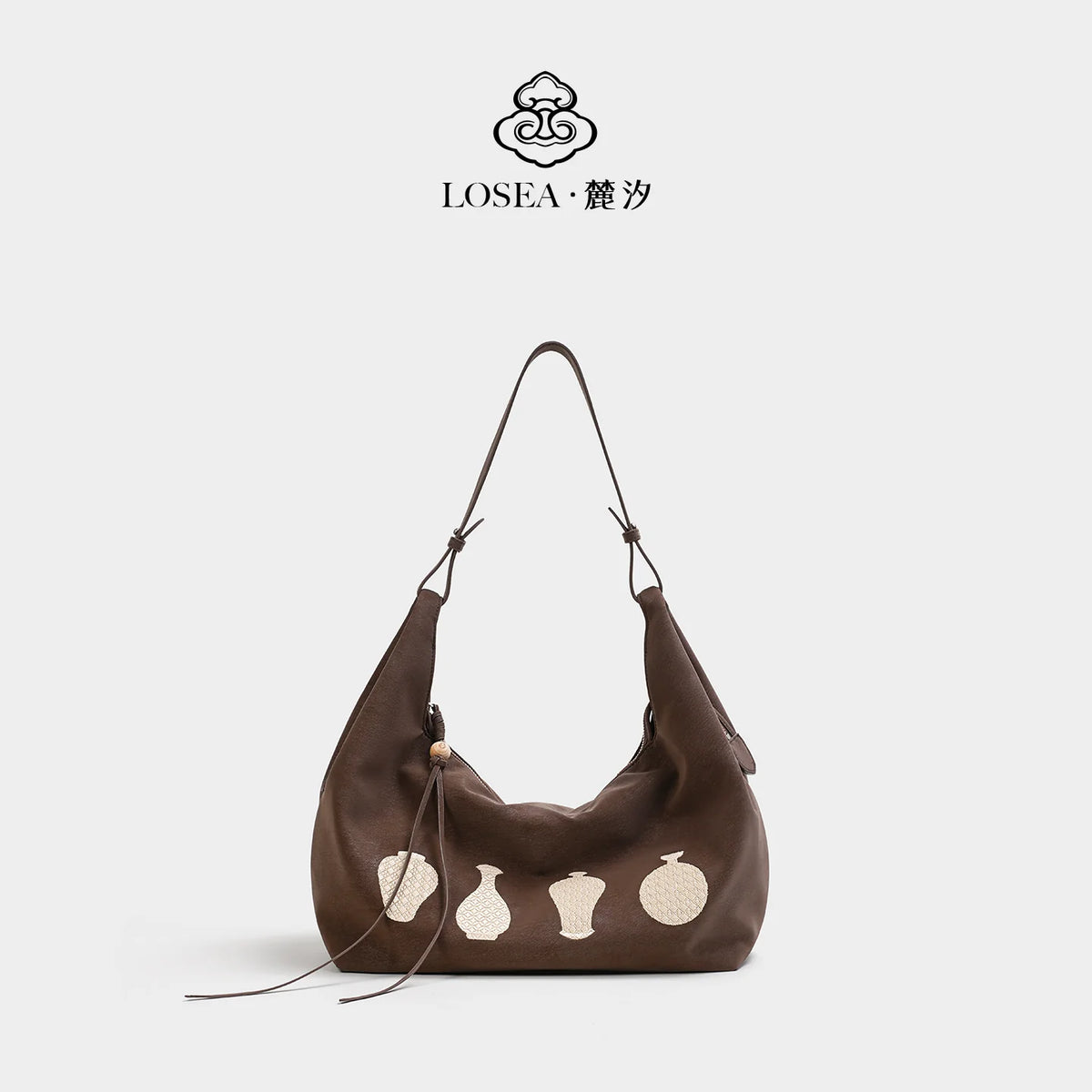 LOSEA Soft Grey Faux Leather Zip-Top Hobo Bag