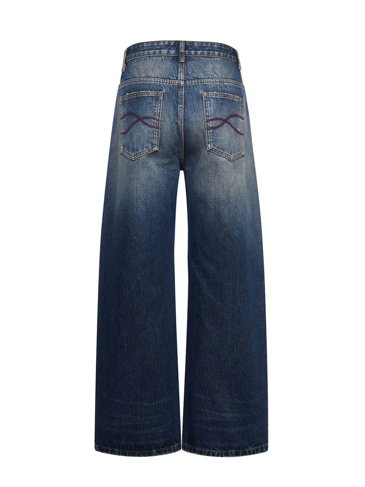 SOUTH FISH Washed Distressed Straight-Leg Jeans