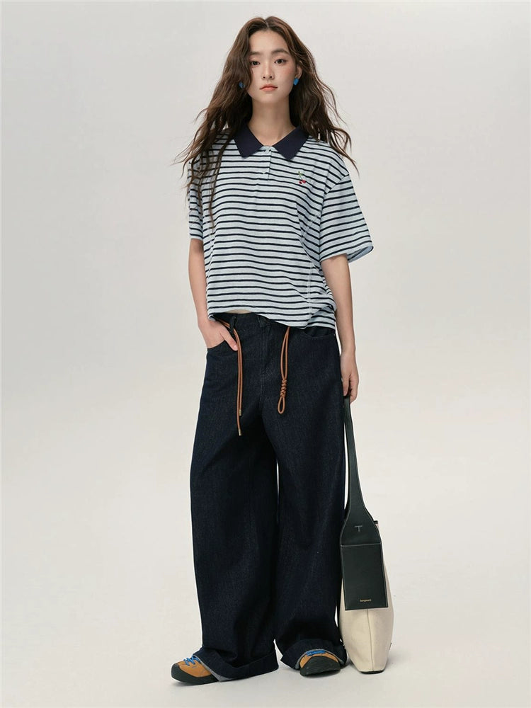 Giordano Contrasting Striped Cherry Embroidered Lapel Tee