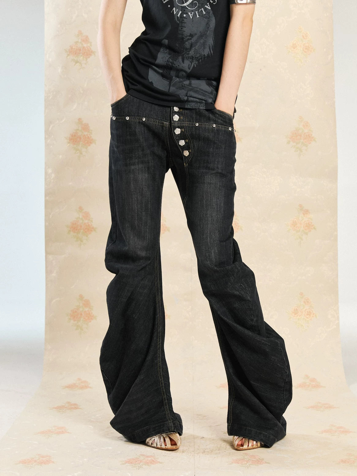 DoublePunch Denim Curved-Seam Retro Low-Rise Y2K Flared Pants