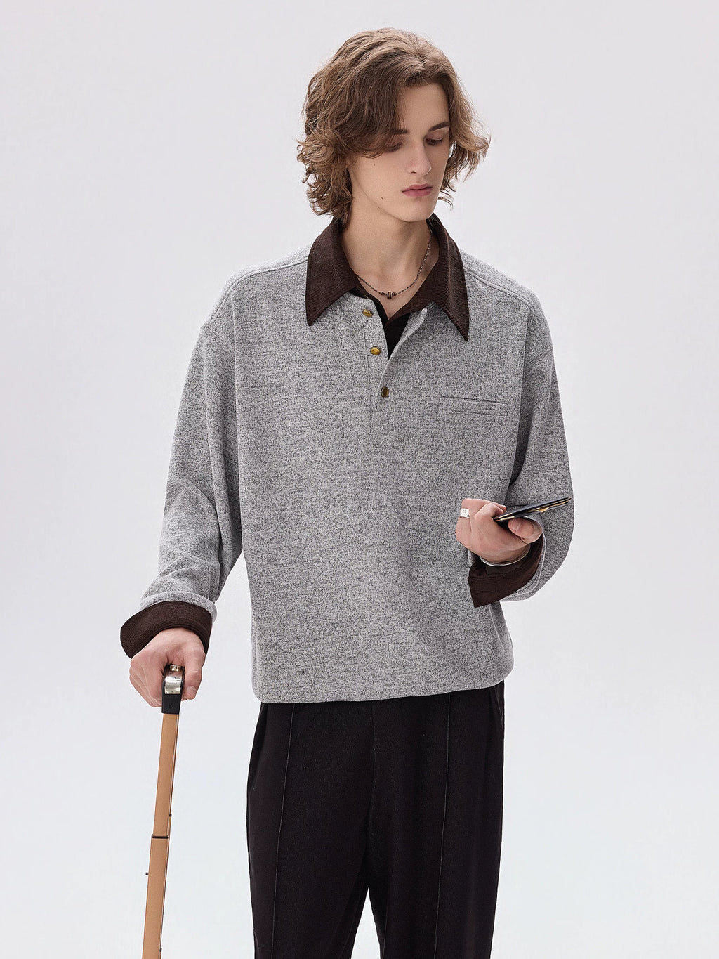 CHOR Color-Block Faux-Layered Polo Collar Long-Sleeve Sweatshirt