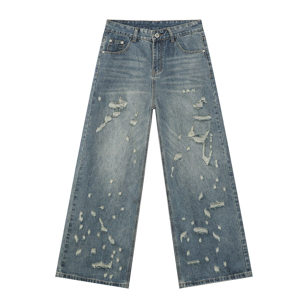 MTLCLOTHES Irregularly Worn Old Ripped Jeans