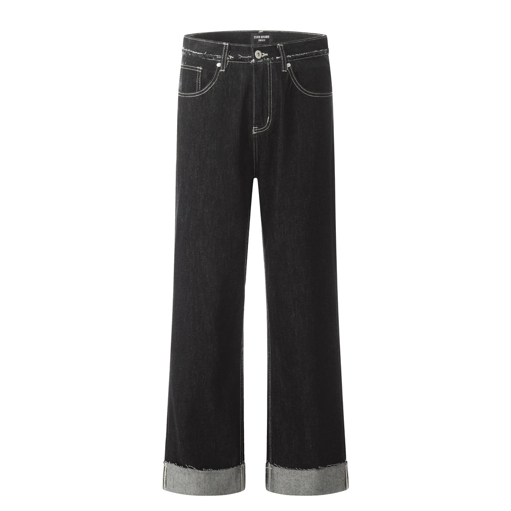 11KN Distressed Stitching Rolled-up Jeans