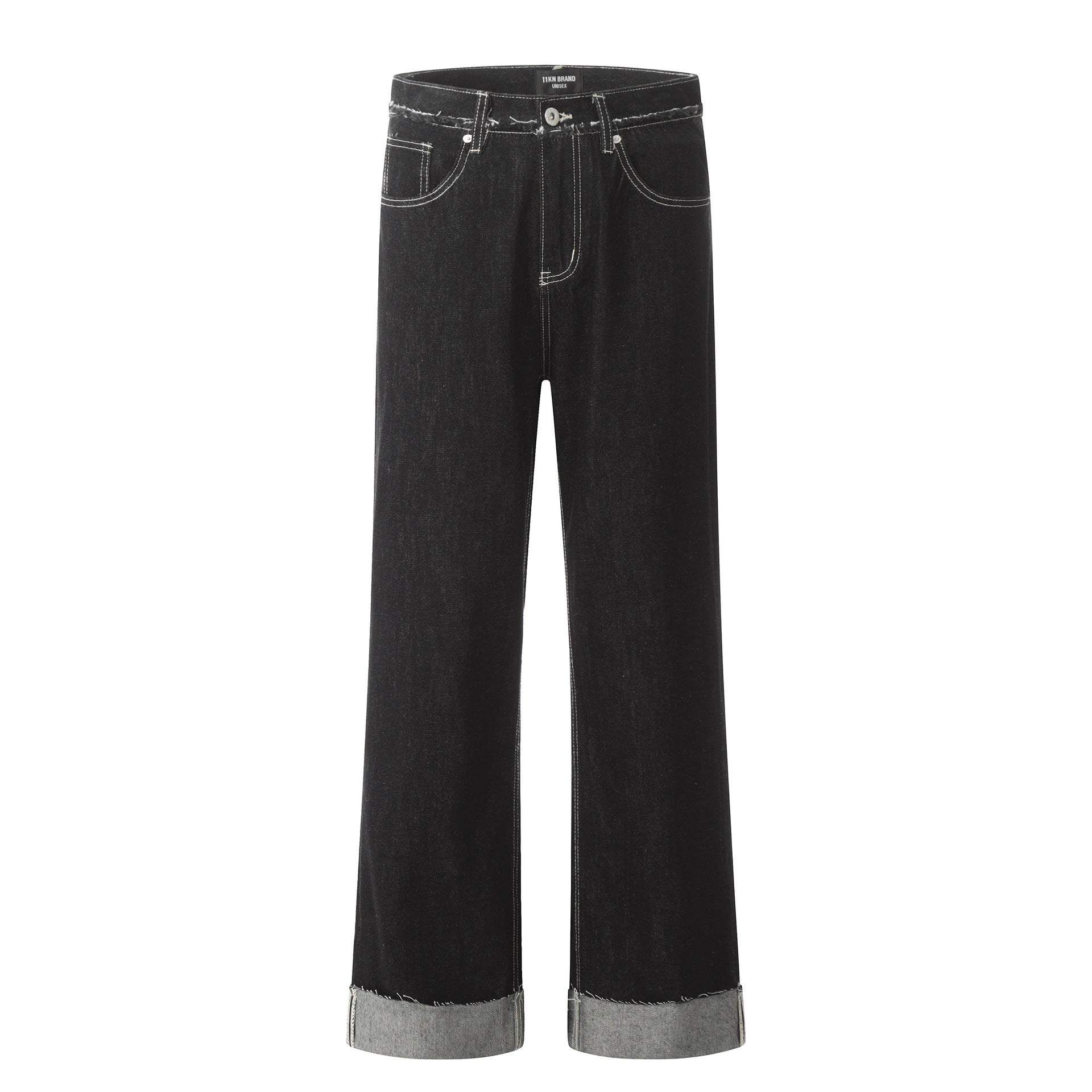 11KN Distressed Stitching Rolled-up Jeans