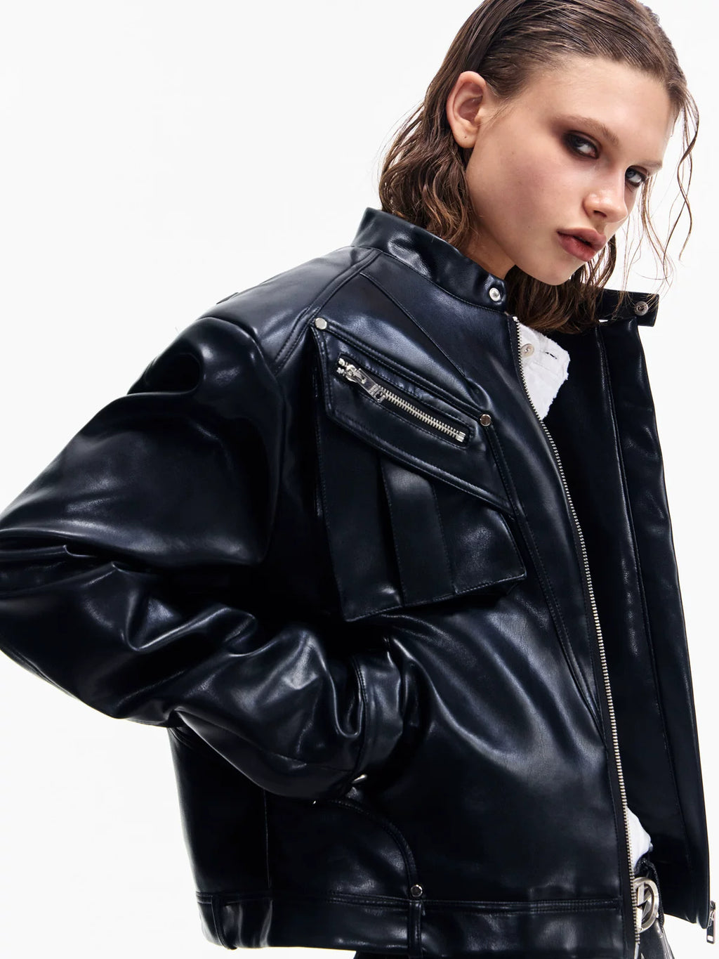 PEOPLESENSE Metal Zip Cropped Moto Jacket Windproof Stand Collar Coat