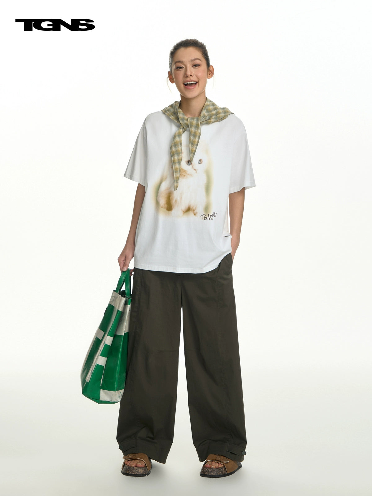 TGNS Fuzzy Cat Print Loose Versatile Tee