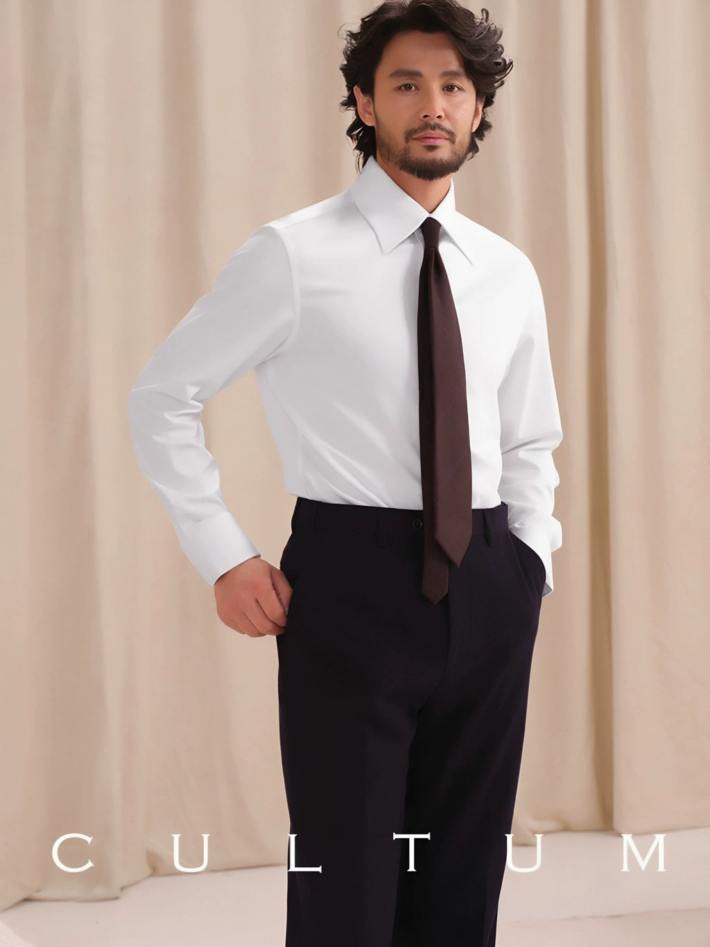 CULTUM White Pointed Collar Wrinkle-Resistant Slim Fit Dress Shirt