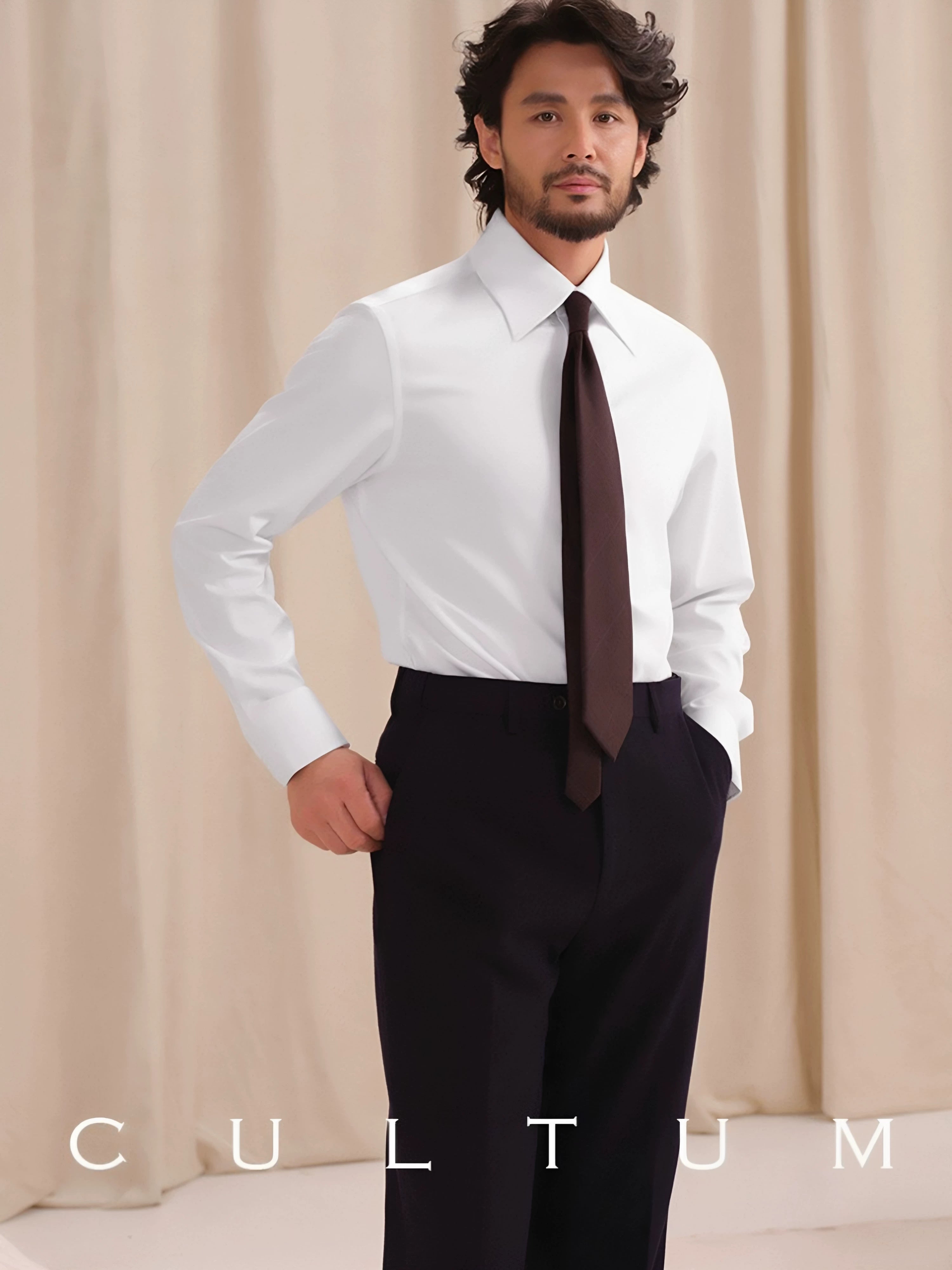 CULTUM White Pointed Collar Wrinkle-Resistant Slim Fit Dress Shirt