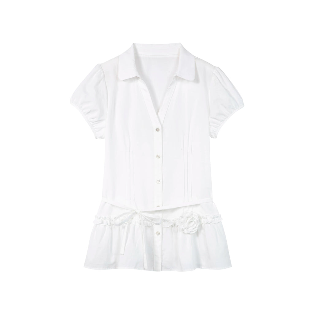 Yawhat Tencel Bubble Sleeve Tie-Front Blouse
