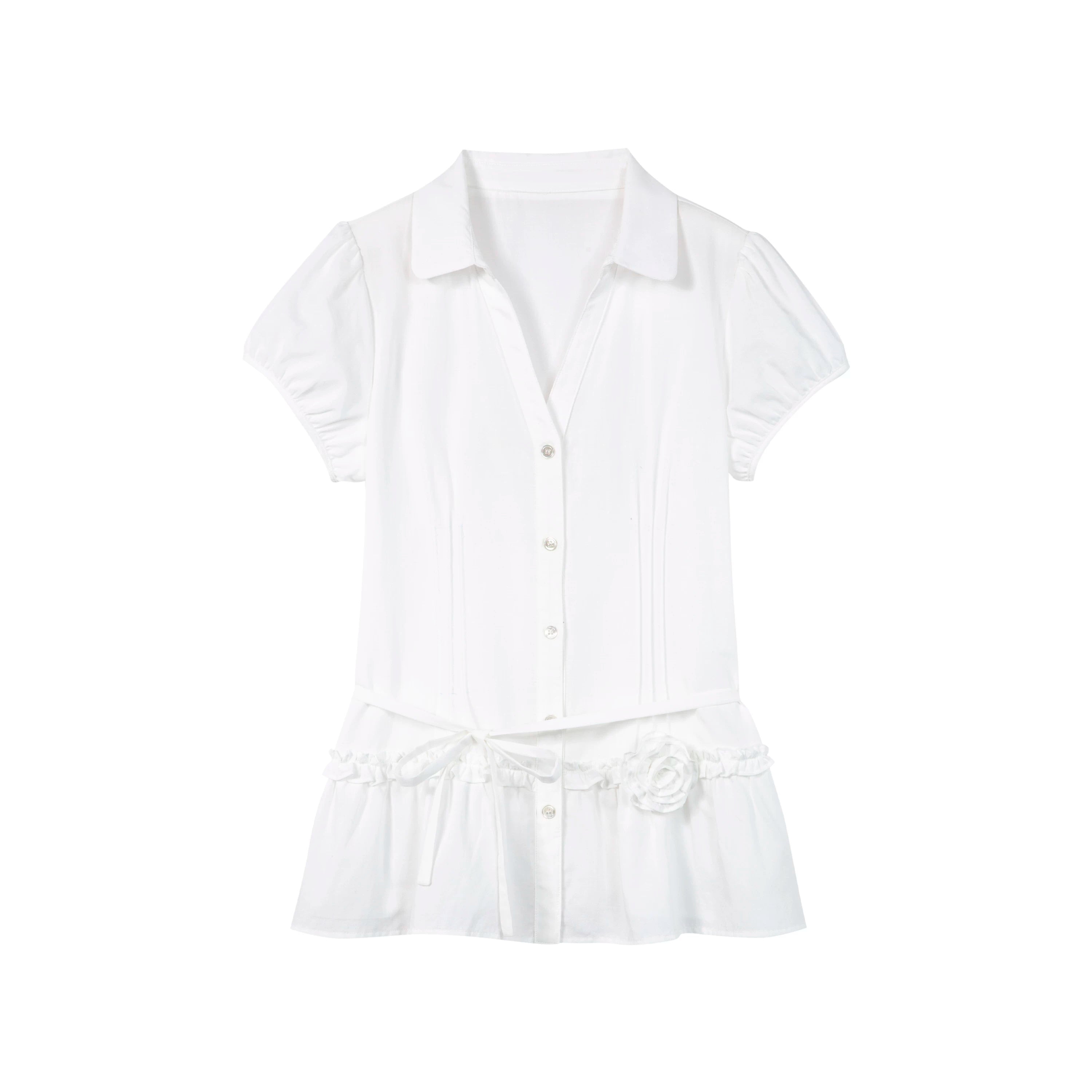 Yawhat Tencel Bubble Sleeve Tie-Front Blouse