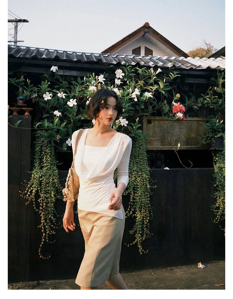 KELIFAN Retro Swinging Neck Mesh Stitching Long Sleeves