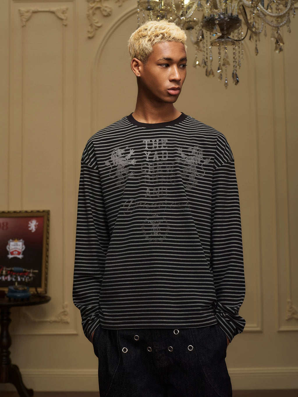YADcrew Double Lion Mottled Slogan Printed Striped Long Sleeve