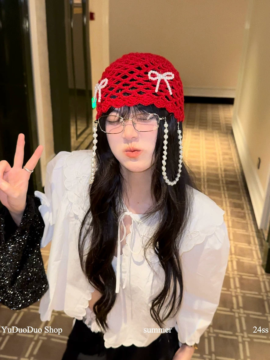 YuDuoDuo Pearl Bow Knit Beanie