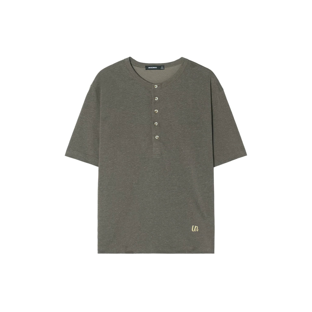 Unvesno Linen Blend Embroidery Relaxed Henley Tee