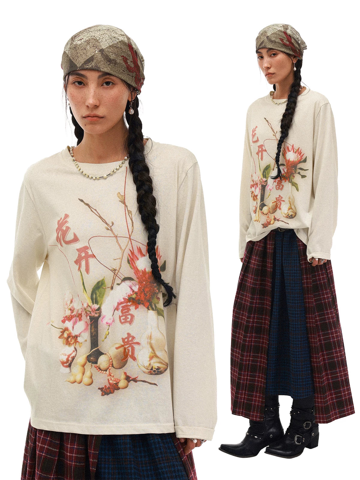 PHYS Chinese Floral Print Lazy Long-sleeved T-shirt
