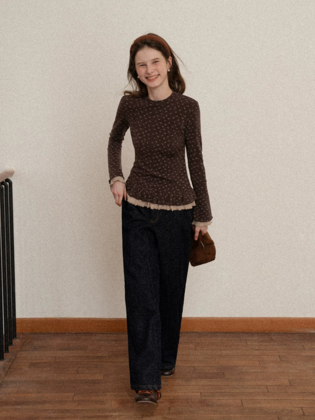 EGGKA Double-layer Lace Polished Floral Slim-fit Long Sleeves