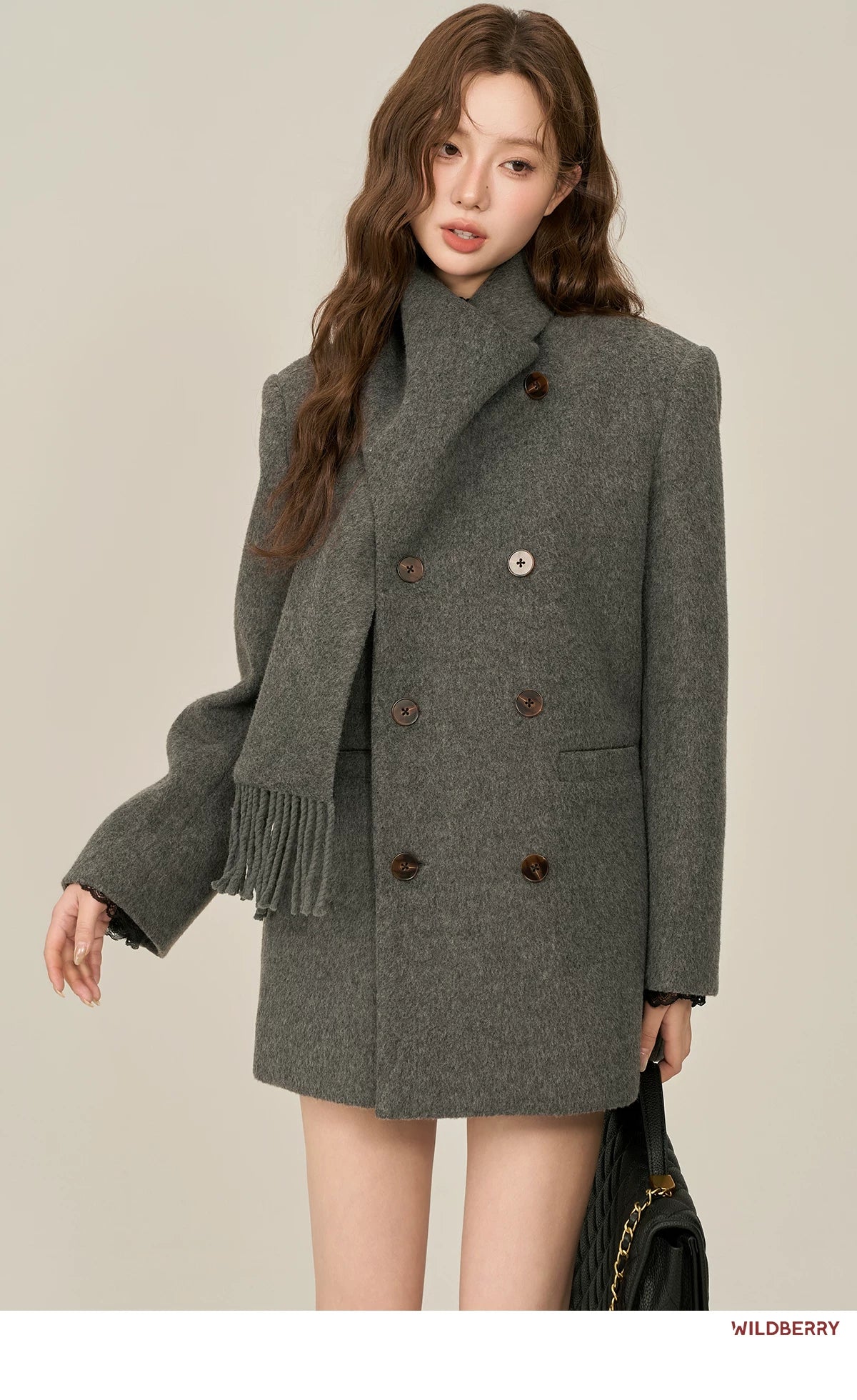 Wildberry Scarf Collar Double-breasted Medium and Long Wool Jacket