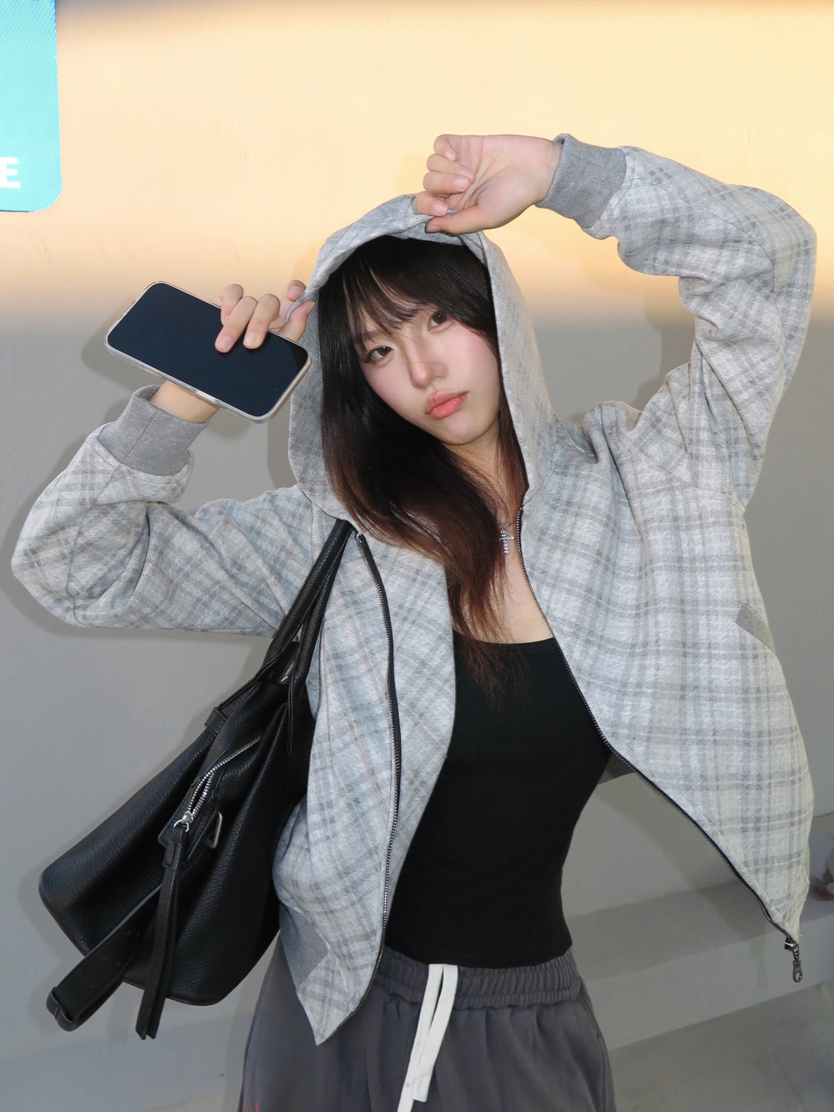 Stay the Night Diamond Plaid Zip-Up Hooded Sweatshirt