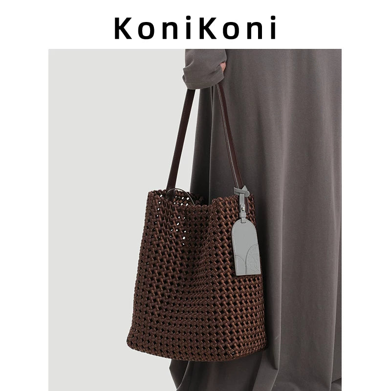 KoniKoni Black Woven Bucket Bag - Shoulder & Underarm