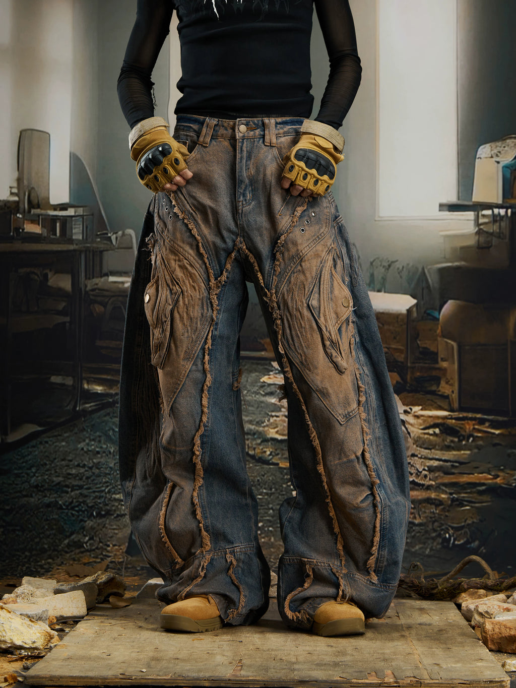 NOMANIAI Deconstructed Raw-Edge Loose Straight-Leg Jeans