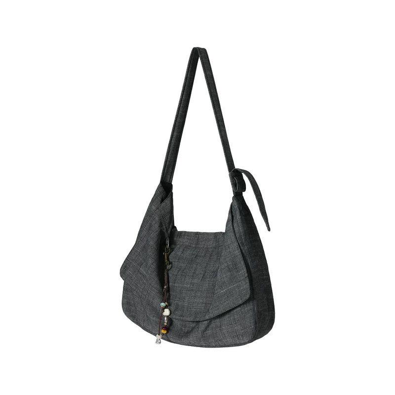 Unvesno Silver Grey Linen-Blend Flap-Top Shoulder Bag