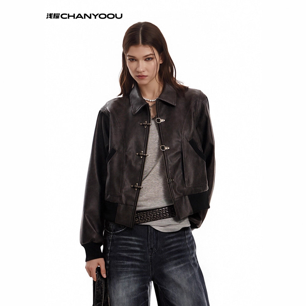 CHANYOOU Vintage Plane Buckle Leather Jacket