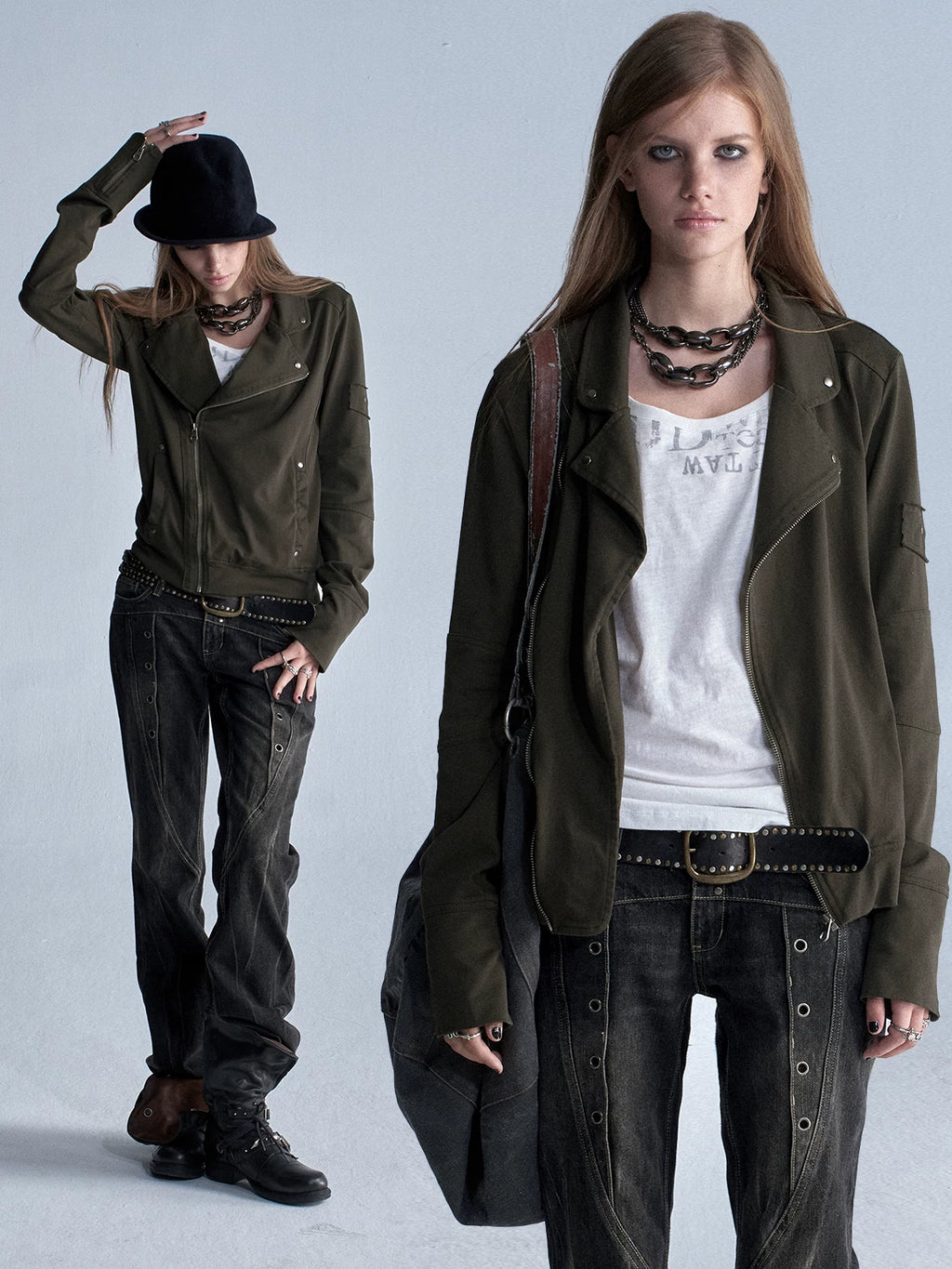 wear And tear Slant-Front Zip Washed Punk Lightweight Jacket