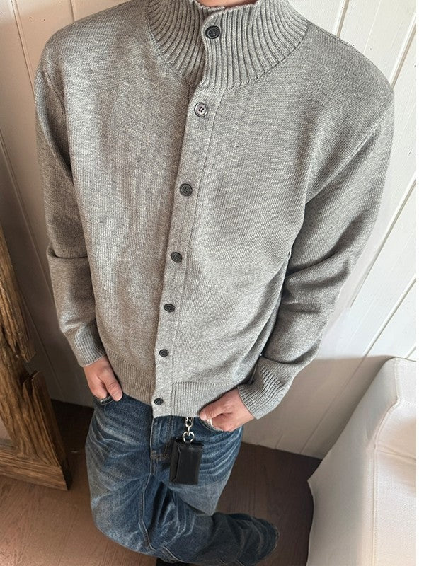 EME Knitted Ribbed Stand-up Neck Cardigan Sweater