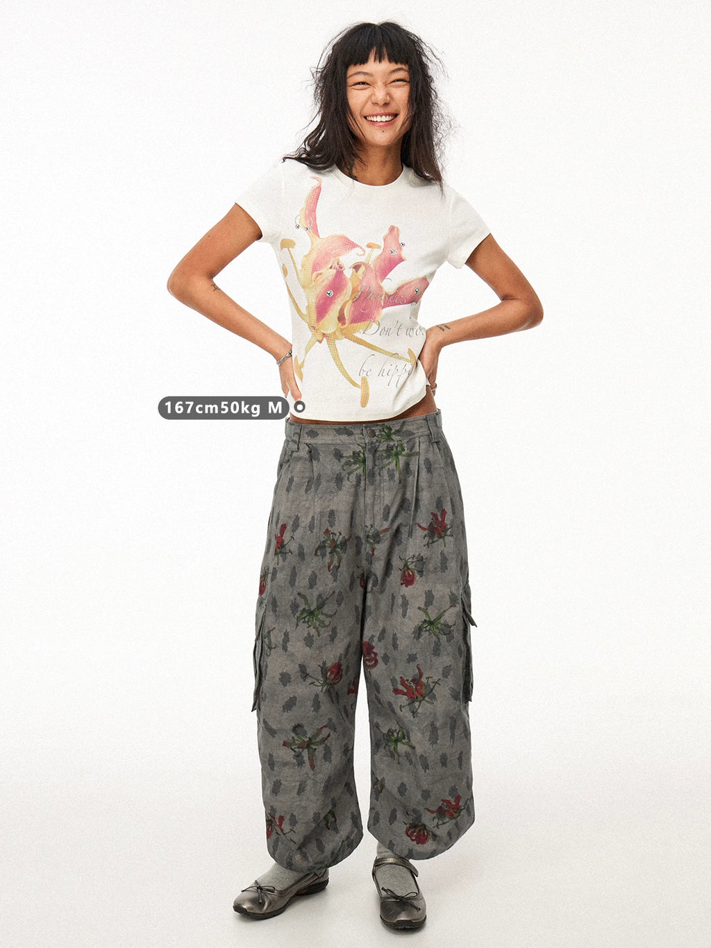 PHYS Floral Print Micro-closure Front Shoulder Short-sleeved T-shirt Tee