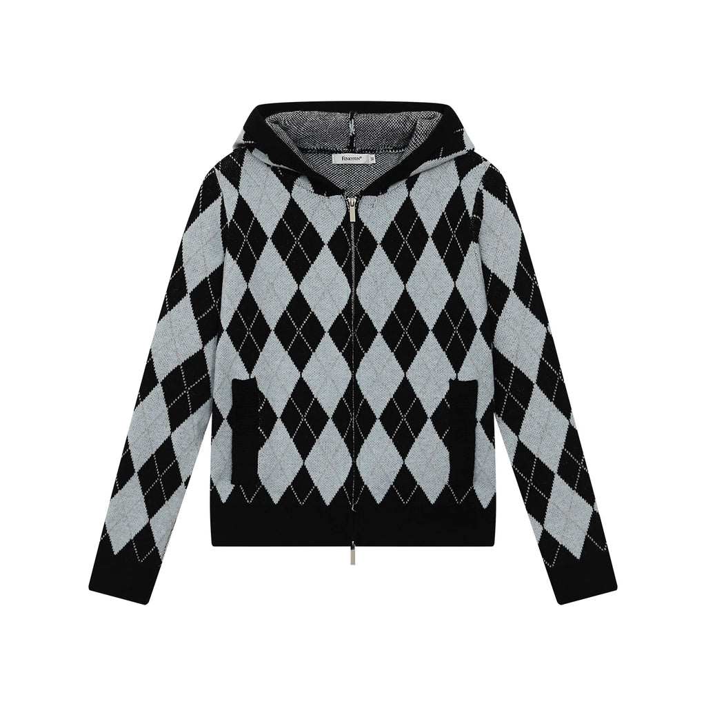 FUNKYFUN Diamond Plaid Contrast Stitching Hooded Knit Sweater Jacket