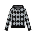 FUNKYFUN Diamond Plaid Contrast Stitching Hooded Knit Sweater Jacket