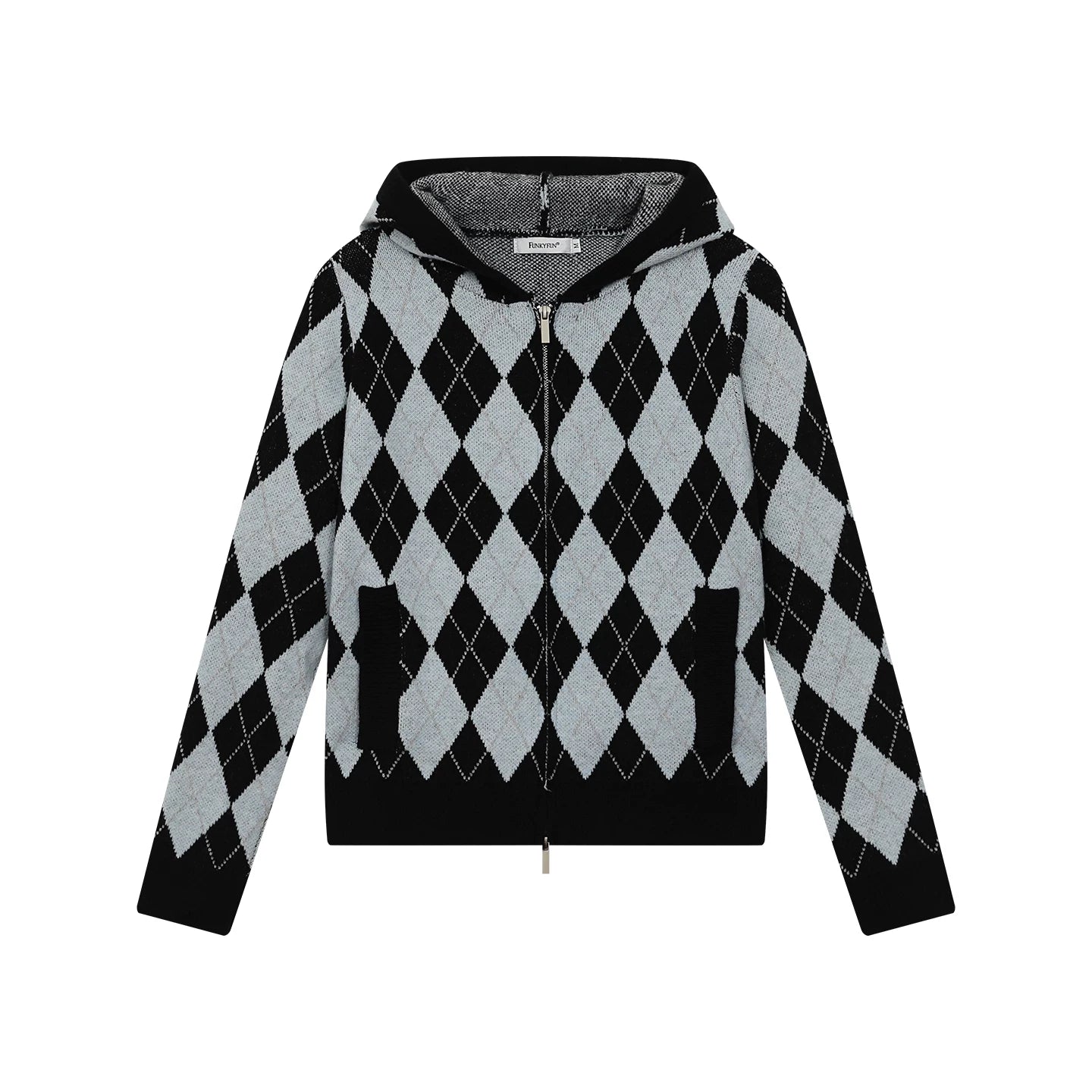 FUNKYFUN Diamond Plaid Contrast Stitching Hooded Knit Sweater Jacket