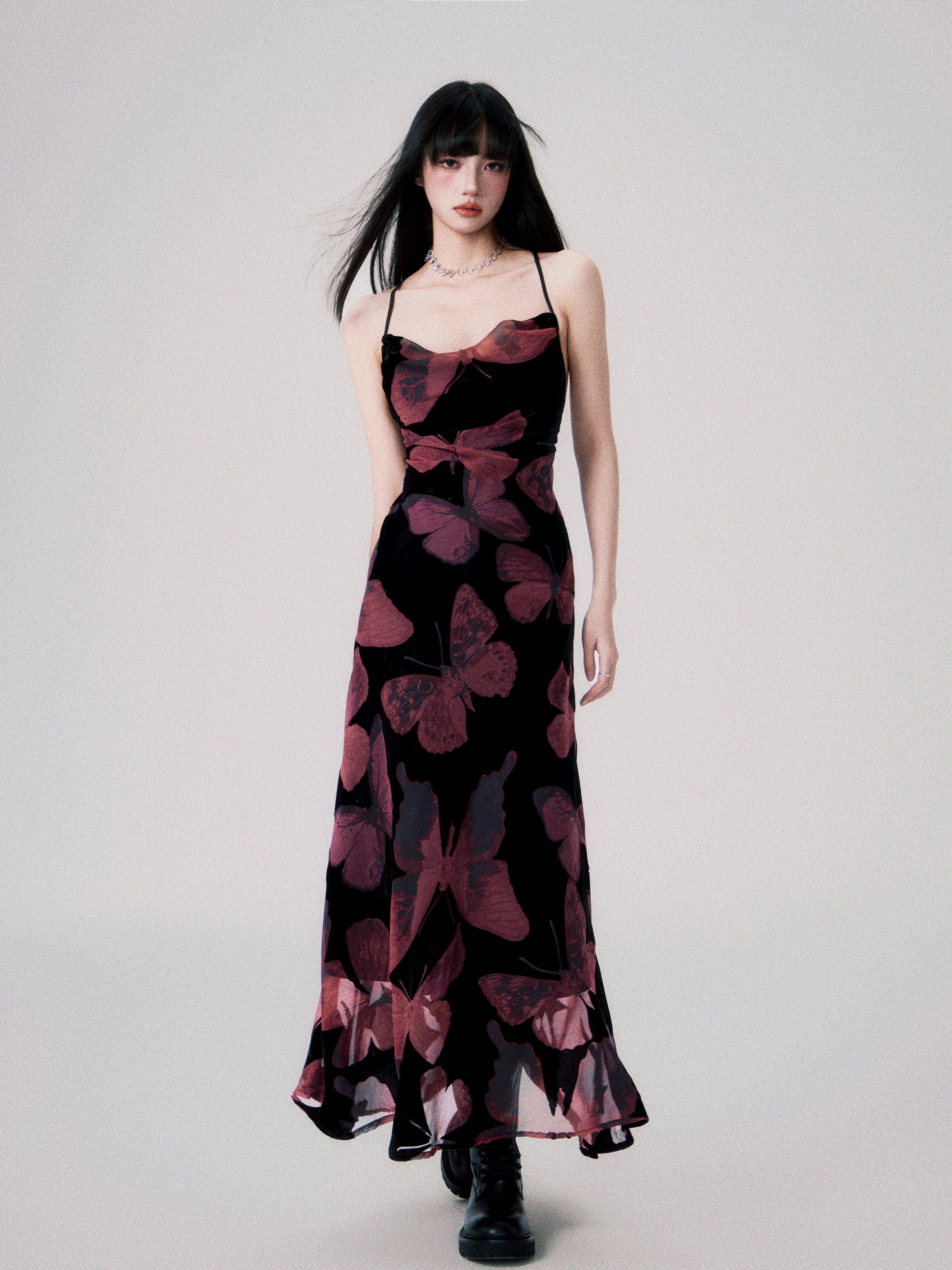 LULUSWINGS New Chinese Velvet Butterfly Swing Neck Halter Strap Suspender Skirt
