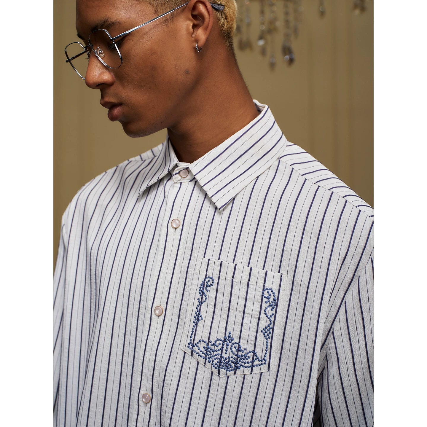 YADcrew Striped Loose Lapel Simple Embroidered Shirt