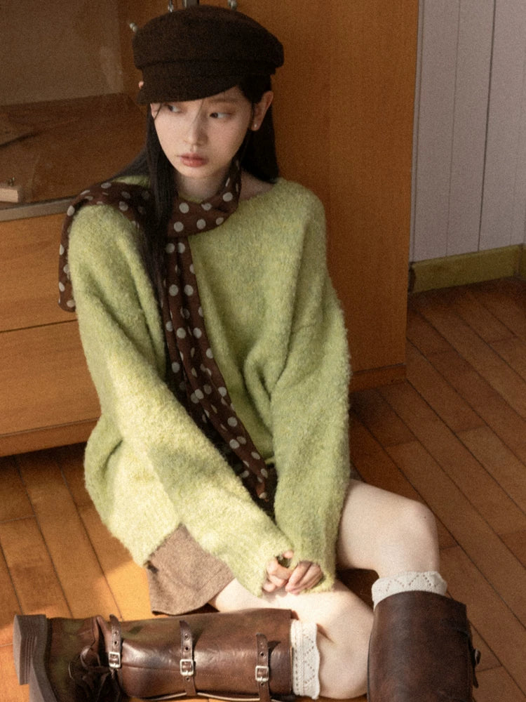 Cantonstory Korean Lazy Crew Neck Loose Knitted Sweater (Clearance)