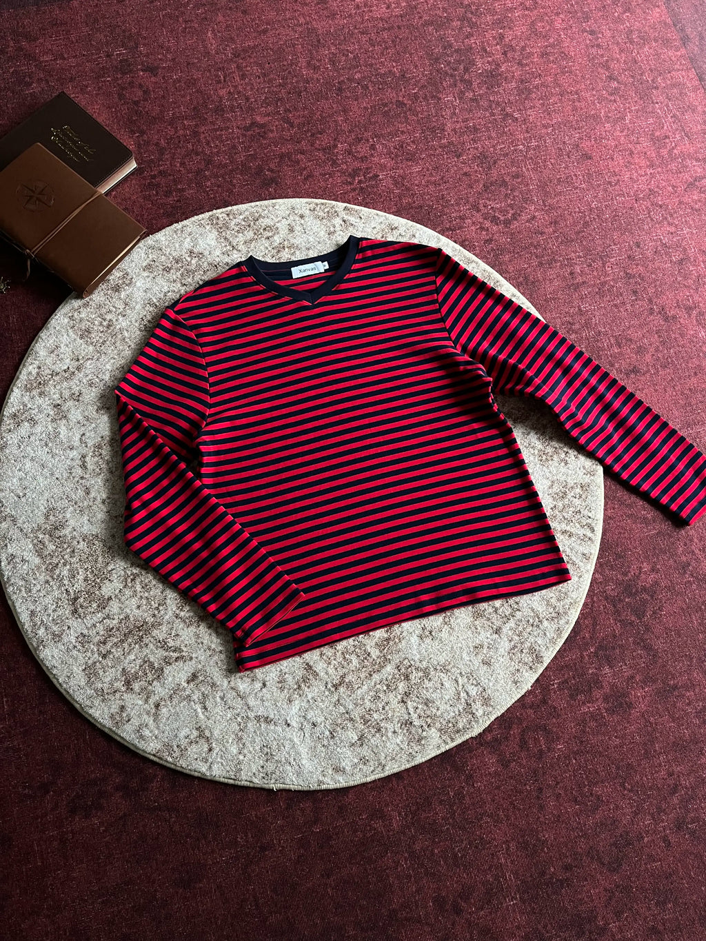 Xanvas Striped V-Neck Relaxed Long-Sleeve Tee
