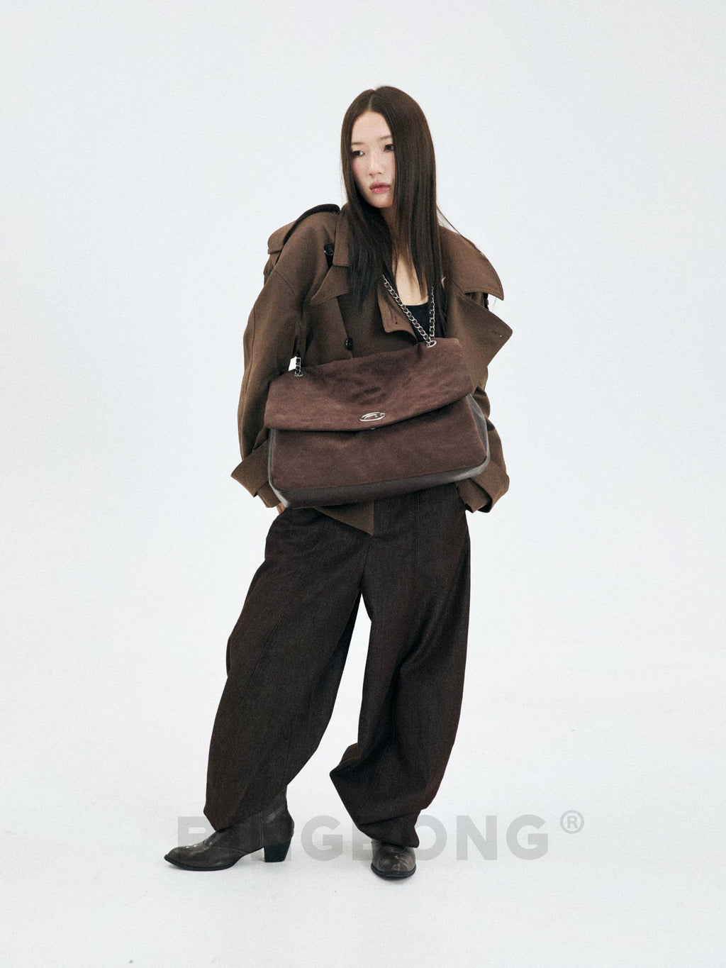 BINGBONG Brown Suede Croc-Embossed Magnetic Snap Shoulder Bag