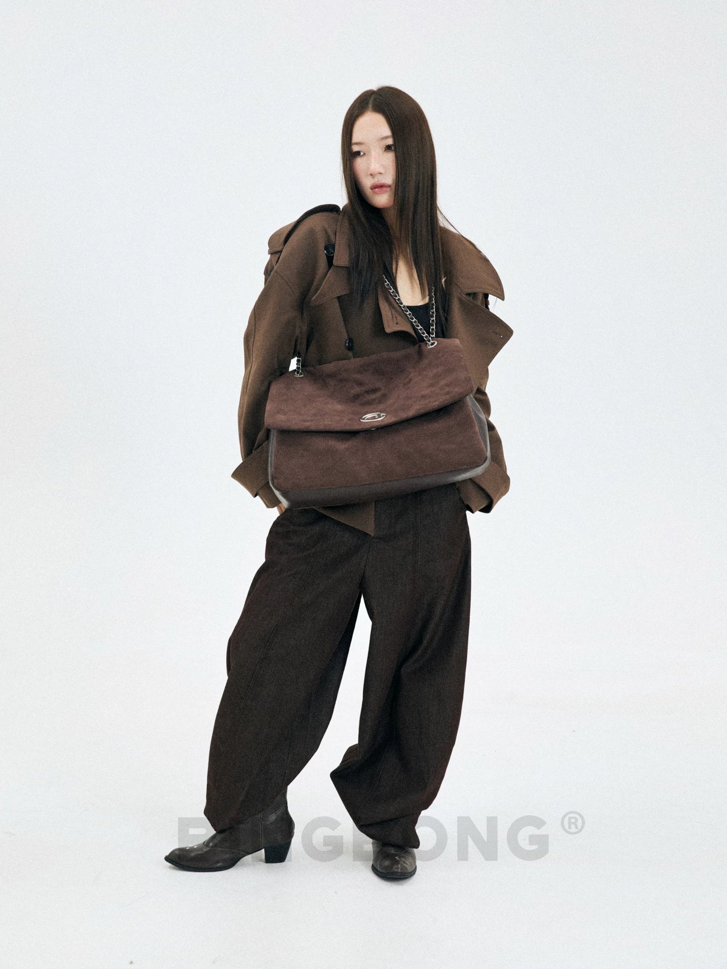 BINGBONG Brown Suede Croc-Embossed Magnetic Snap Shoulder Bag