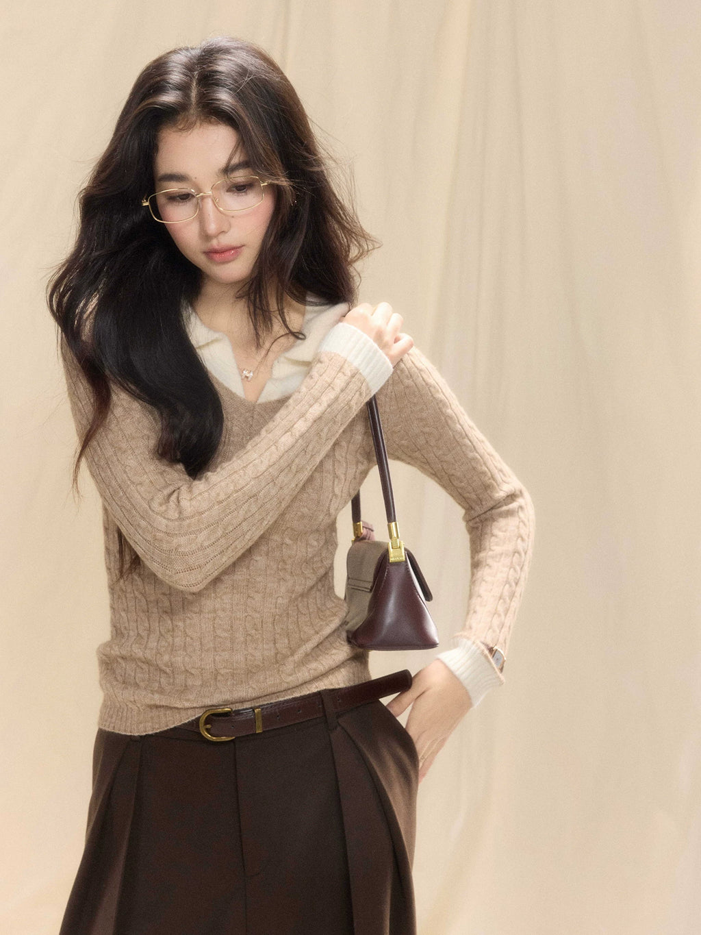 TYANG Contrasting Polo Collar Fake Two-piece Knitted Sweater