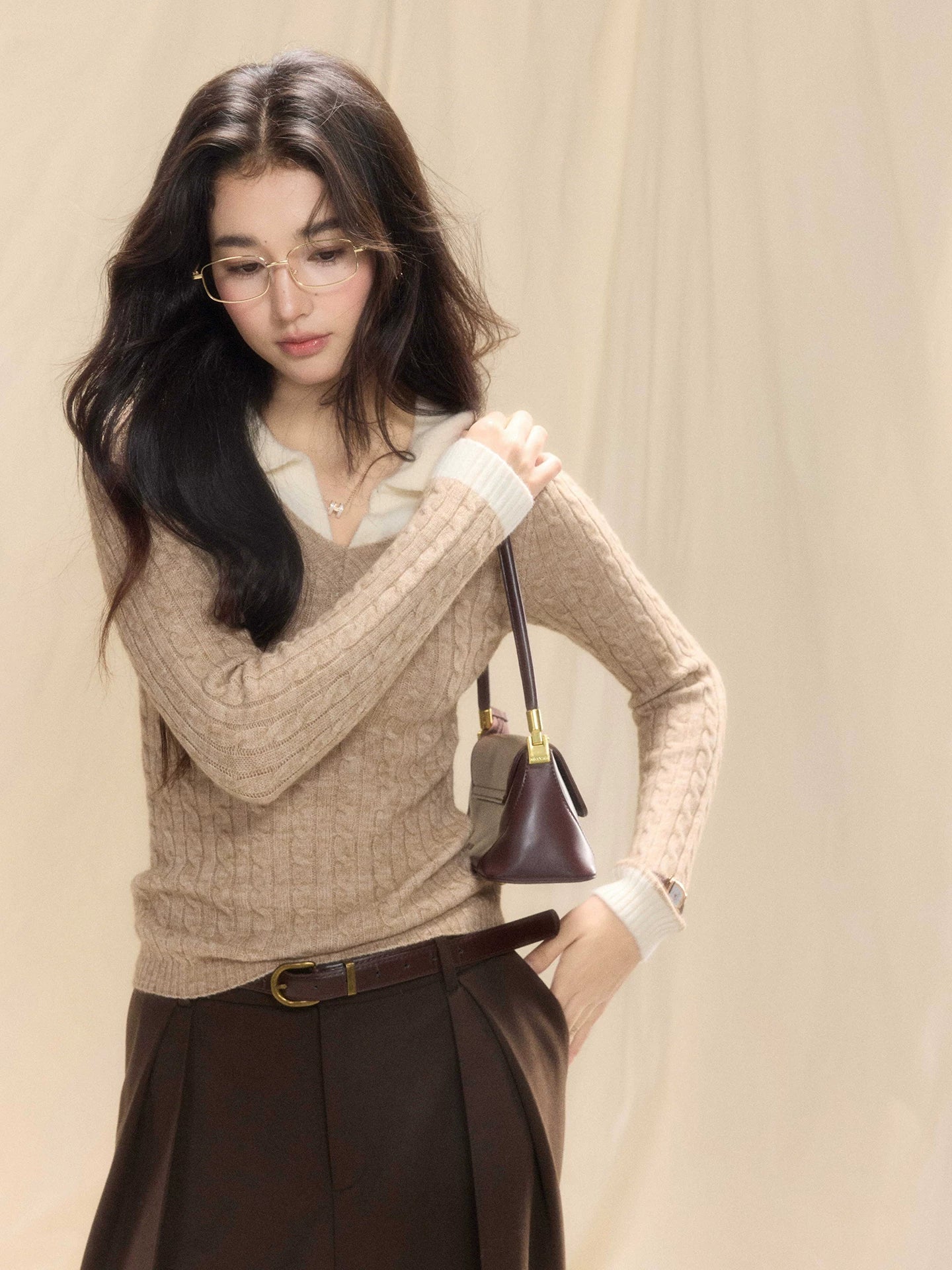 TYANG Contrasting Polo Collar Fake Two-piece Knitted Sweater