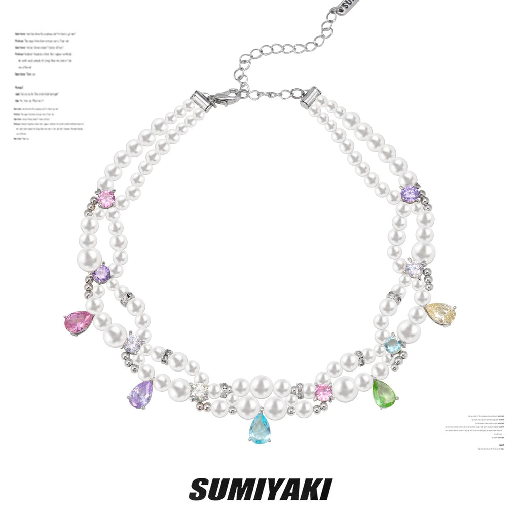 SUMIYAKI Rainbow Zircon Layered Pearl Choker Necklace