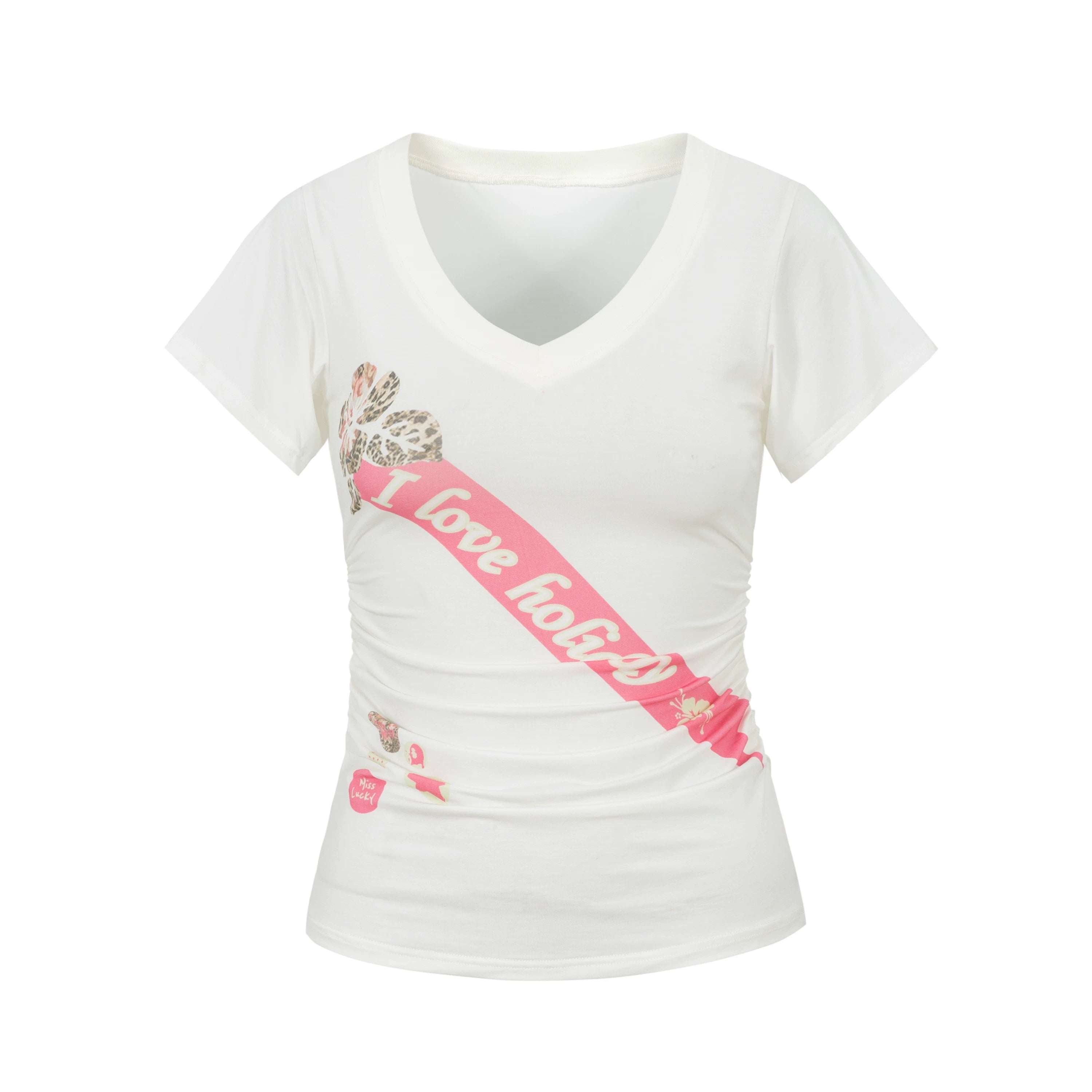 Yawhat Ribbon Print V-Neck Cinched Flutter Tee