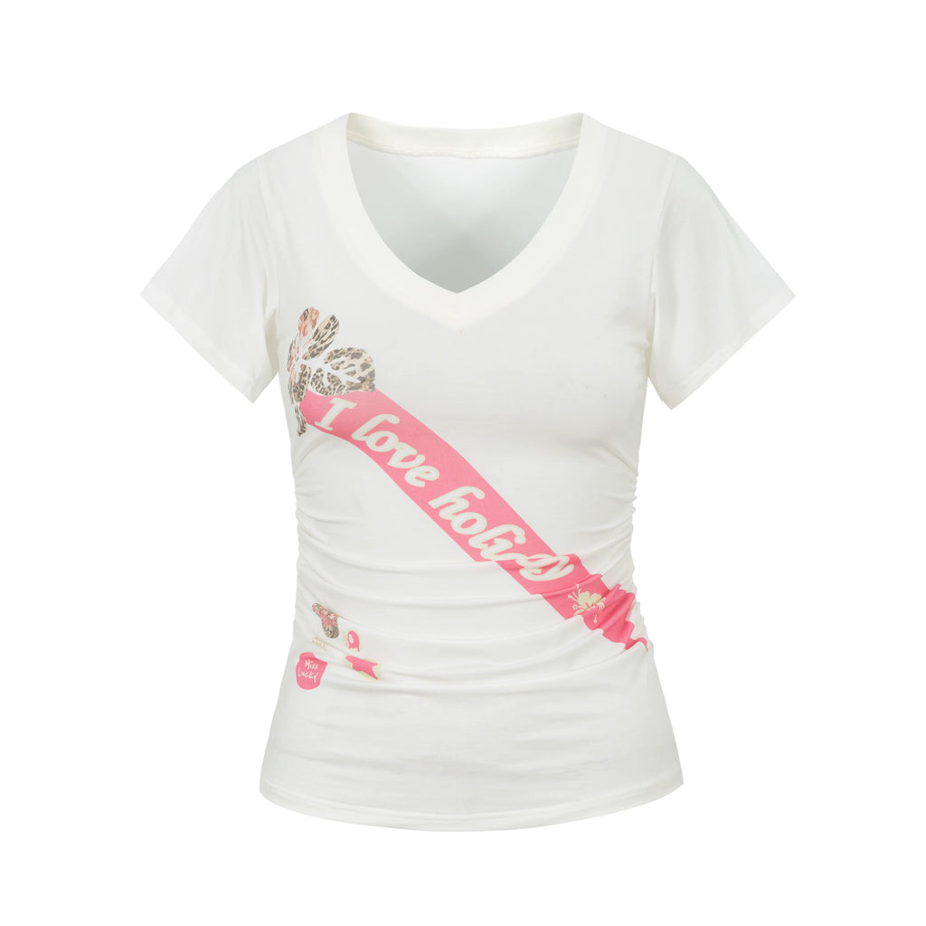 Yawhat Ribbon Print V-Neck Cinched Flutter Tee