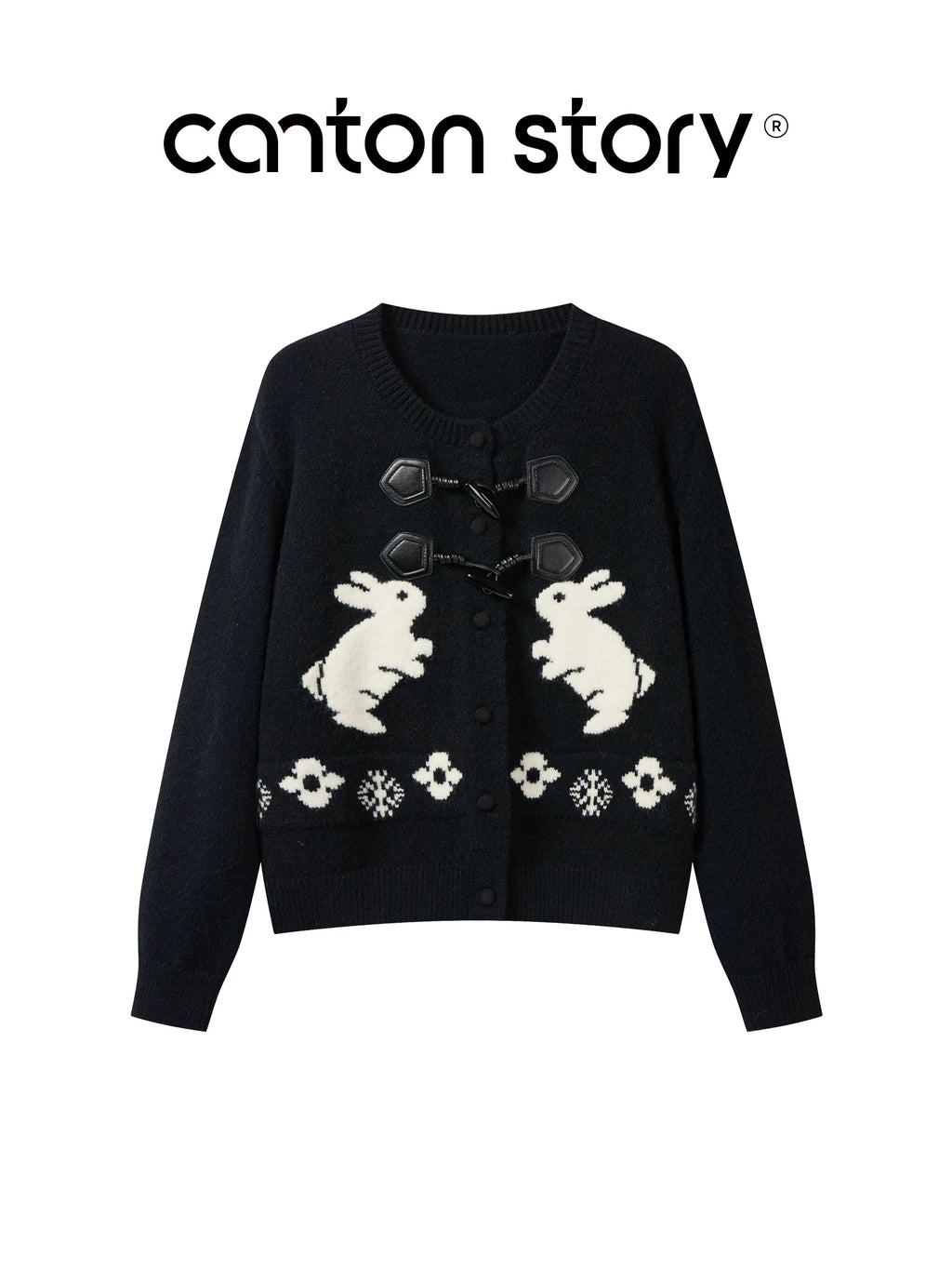 Cantonstory Horn Buckle Crew Neck Rabbit Knitted Cardigan Sweater