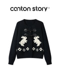 Cantonstory Horn Buckle Crew Neck Rabbit Knitted Cardigan Sweater
