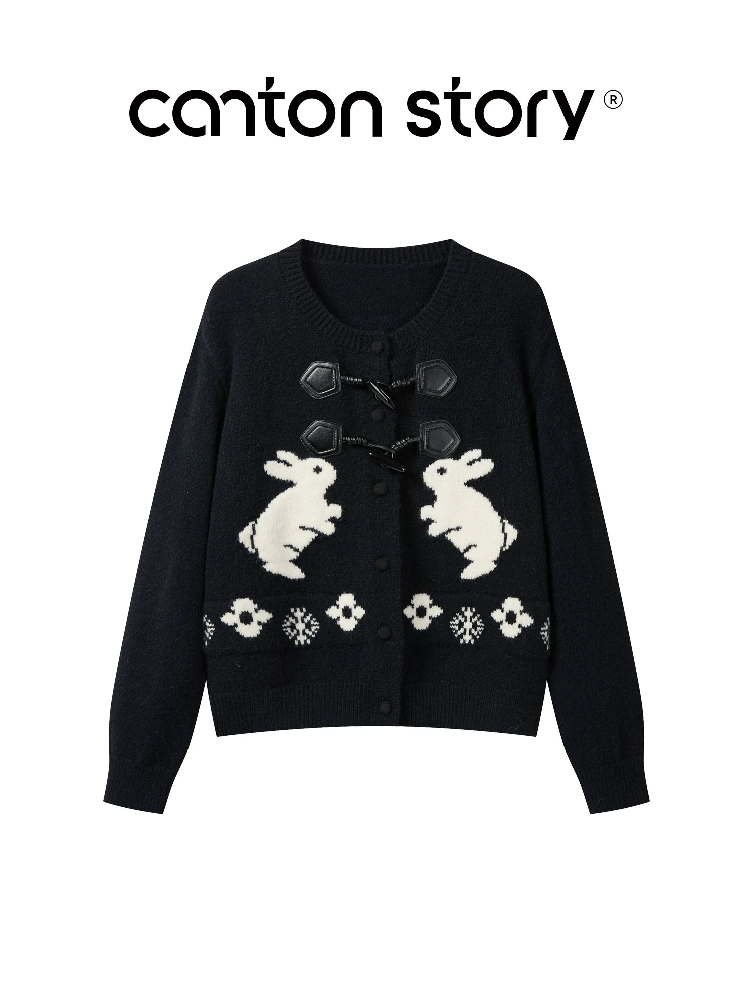 Cantonstory Horn Buckle Crew Neck Rabbit Knitted Cardigan Sweater