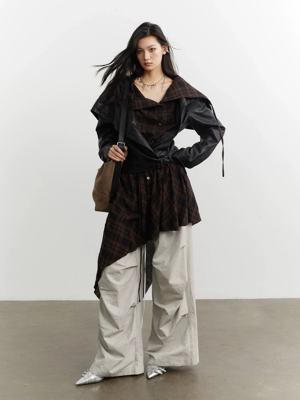 JNYLON-plaid Apron Stitched Imitation Leather PU Jacket
