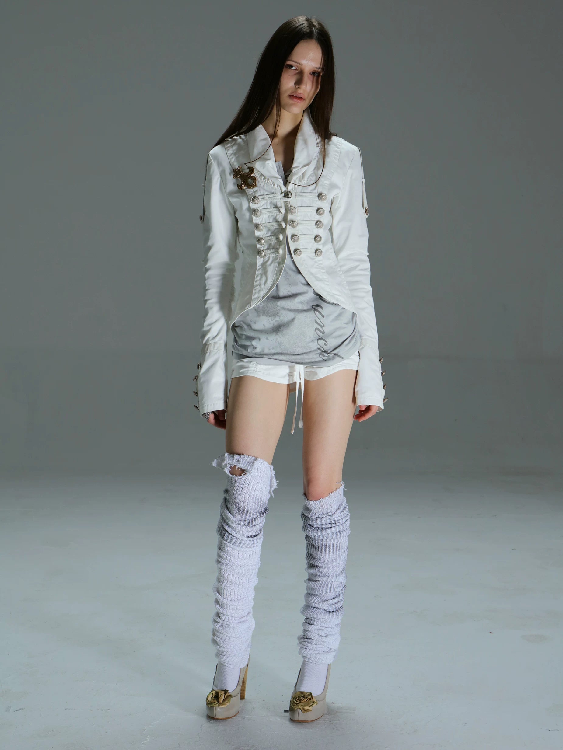 DoublePunch Knight-Style Patchwork Leather Washed Cotton Cropped Jacket